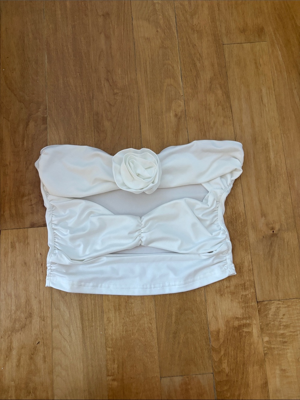 Women’s White Strapless Bandeau Top with Floral Accent